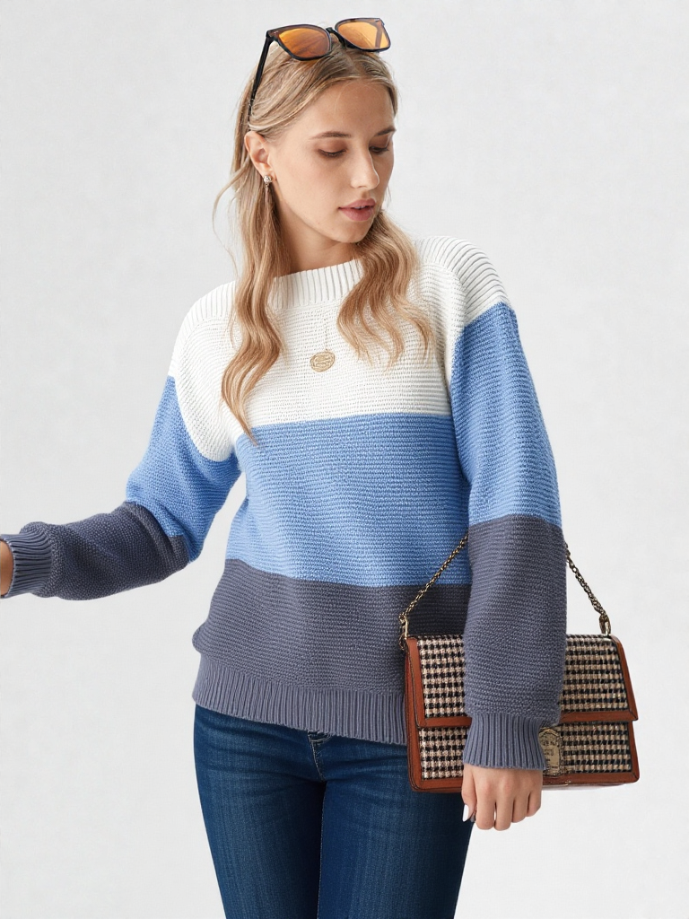 Stribet strikket dametrøje med rund hals