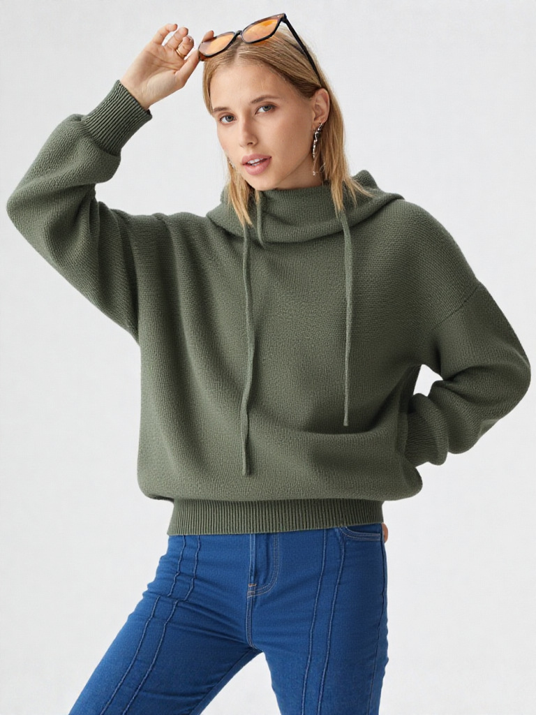 Strikket damehoodie med hætte