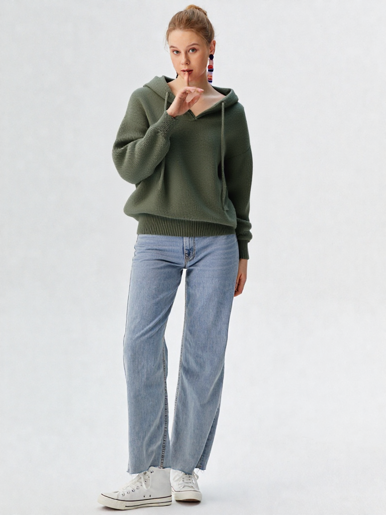 Strikket damehoodie med hætte