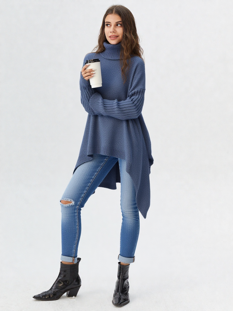 Strikket dametrøje med rullekrave