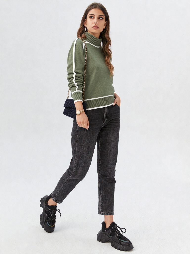 Strikket hue med rullekrave i grøn