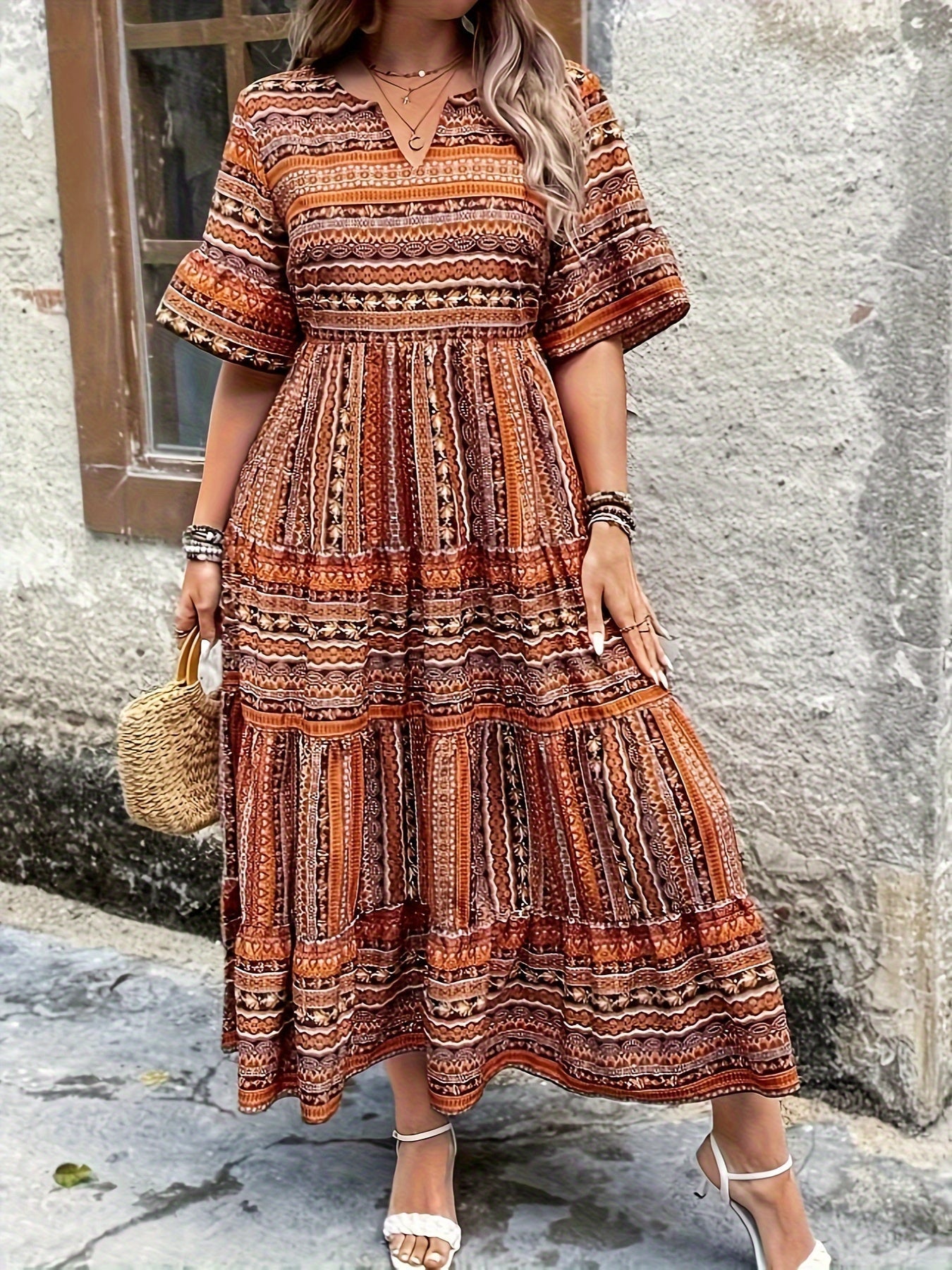 Vivienne | Elegante Damers Boho Maxikjole Med Etnisk Print