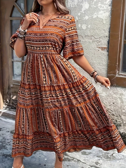 Vivienne | Elegante Damers Boho Maxikjole Med Etnisk Print